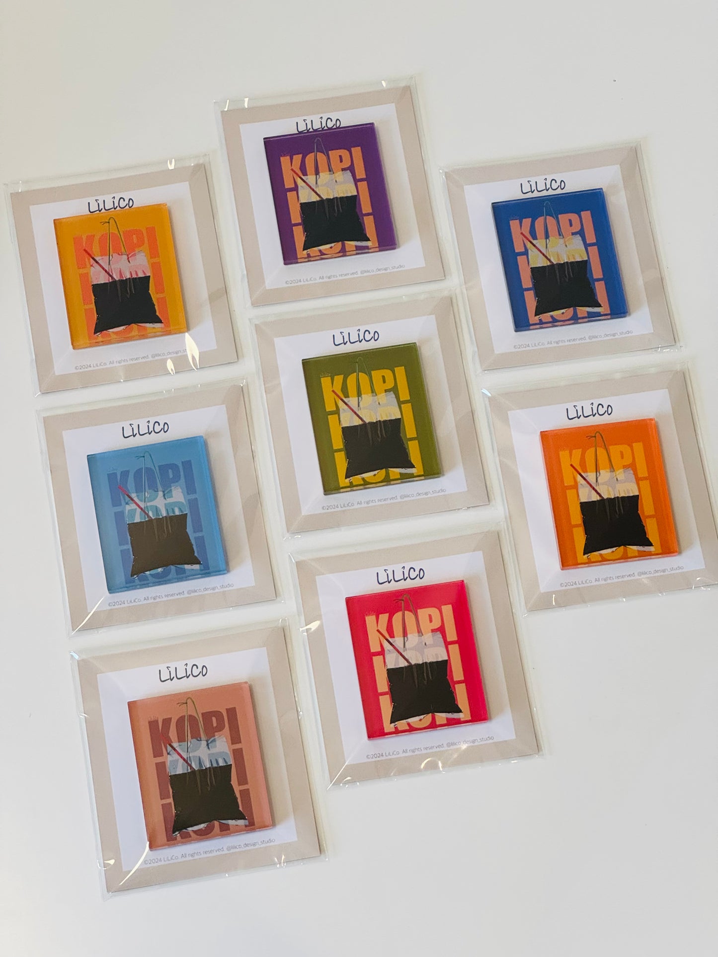 Fridge magnet made with high resolution prints and clear acrylic, featuring Singapore signature KOPI takeaway bag.