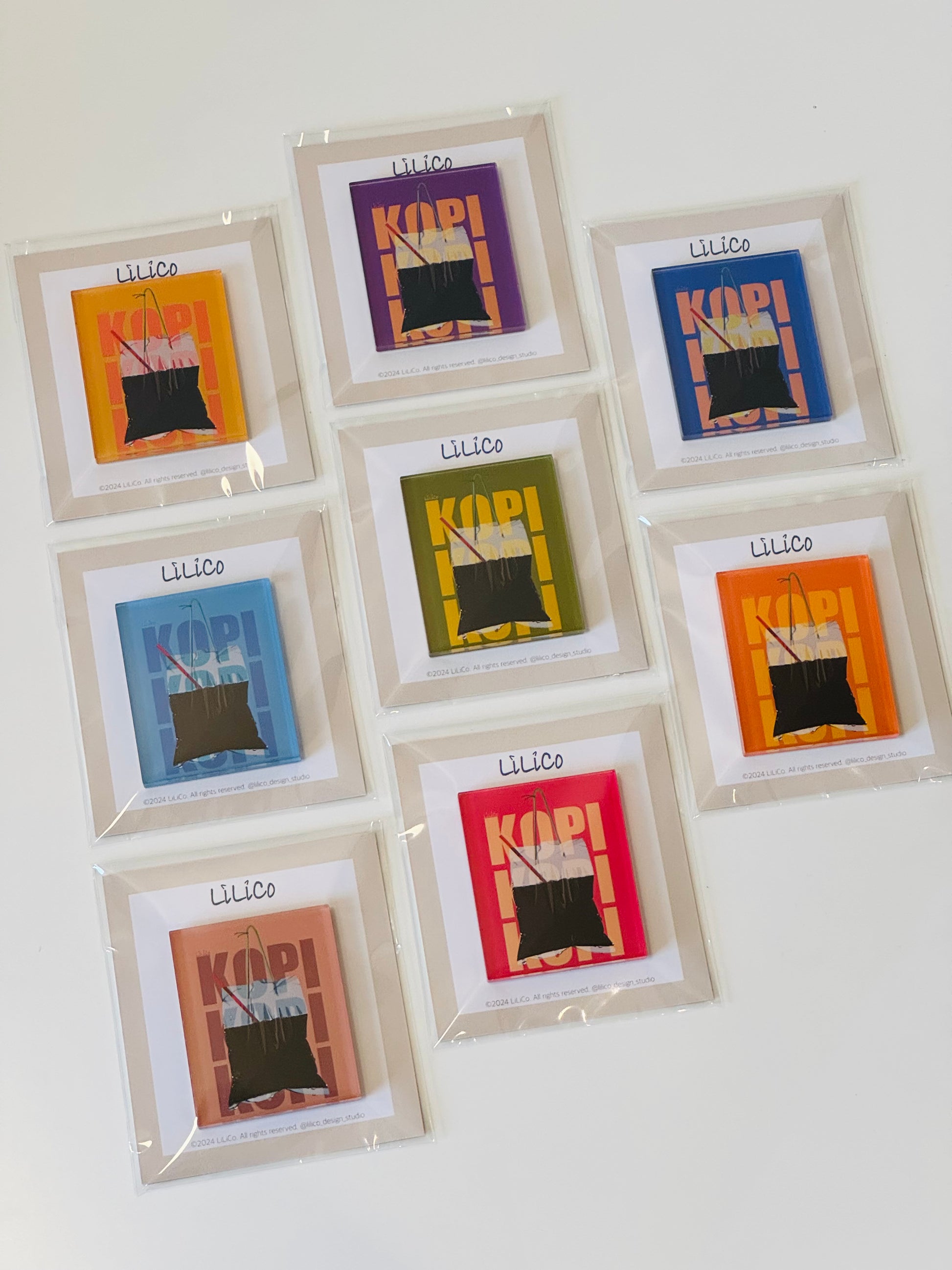 Fridge magnet made with high resolution prints and clear acrylic, featuring Singapore signature KOPI takeaway bag.